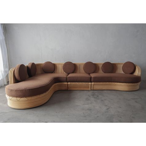 Vintage Curved Pencil Reed Bamboo Sectional Sofa | Chairish Rounded Sofa, Gabriella Crespi, Bamboo Sofa, Round Sofa, Black Bamboo, King Headboard, Wood Sofa, Sectional Sofas, Chocolate Color