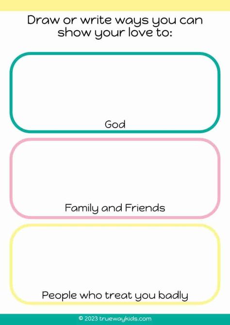 Check out this free printable Love is worksheet for kids which helps to explain how to show love to God, Friends and Family and those who treat us badly. Suitable for 5 - 10 year olds and perfect for home or church. Love Bible Lesson For Kids, Homeschool Bible Curriculum, Free Bible Coloring Pages, Love Does Not Envy, Bible Worksheets, Worksheet For Kids, Bible Study For Kids, Bible Verses About Love, Sunday School Activities