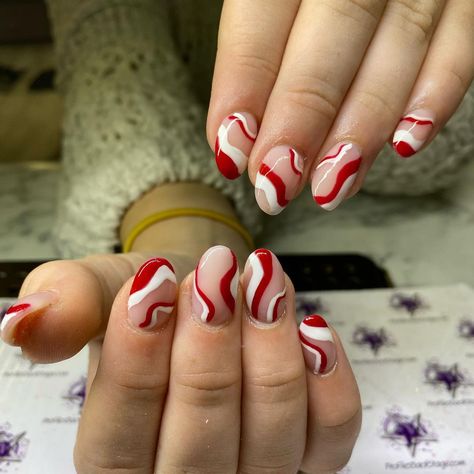 Christmas Swirl Nails, Red Abstract Nails, Red Glitter Swirl Nails, Red And White Swirl Acrylic Nails, Red And White Swirl Nails, Red Nail Swirls, Red And White Squiggle Nails, Red And Silver Swirl Nails, Line Nail Designs