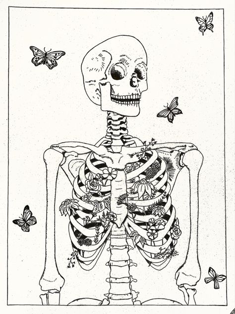 Drawing of a skeleton with various flowers in its ribcage and 5 butterflies surrounding it. Ladies Tattoo Design, Skeleton Coloring Pages, Tattoo Design Hand, Tattoo Designs Japanese, Ladies Tattoo, Japanese Symbols, Simple Tattoo Designs, Simple Tattoo, Koi Fish