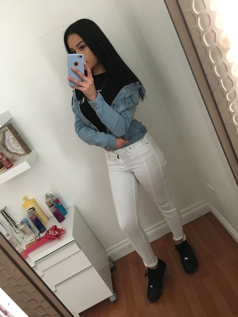 Cute / teen outfit / jean jacket / black crop top/ white jeans / black Air Force 1s Black Air Force 1 Outfit Street Styles, Black Air Force Outfit, Black Air Force 1 Outfit Women, Air Force 1 Outfit Woman Dress, Air Force 1 Outfit Ideas, White Air Force Ones Outfit, Black Air Force 1 Outfit, Air Force Outfits, Air Force 1 Outfit Women