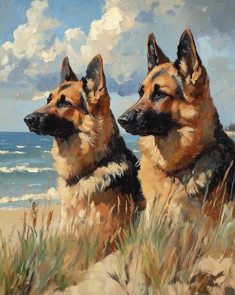 German Shepherds Beach Canvas Print Ocean Scene Wall Art for Dog Lovers Home Decor Inspired by Impressionist Style by CustomCanvasCurators 🐾 Calling all dog lovers and art enthusiasts! Check out this stunning canvas print capturing the beauty of two majestic German Shepherds by the ocean. 🌊 This piece will add warmth and tranquility to any home decor. Perfect for those who cherish the companionship of dogs and the serene beauty of beach landscapes. 🎨🐶 #DogLovers #ArtEnthusiasts #BeachLife #... Dog Backgrounds, German Shepherd Painting, German Shepherd Art, Dog Portraits Painting, Shadow Painting, Dog Portraits Art, Impressionist Artists, Black And White Dog, Ocean Scenes