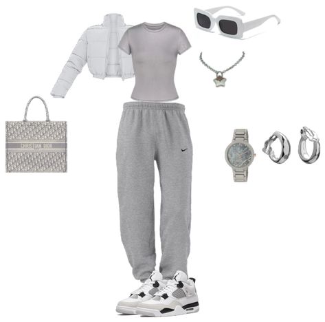 Outfit Ideas Cloudy Day, Grey Top Outfit Ideas, Gray Jordans Outfit Women, Cool Grey 4s Outfit, Cloudy Outfit Ideas, Cloudy Weather Outfit, Gray Sneakers Outfit, Cloudy Outfit, Grey Crewneck Outfit