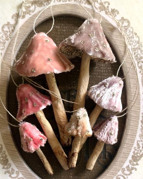 Julie Collings on Instagram: “I absolutely adore the glitter sparkle and dreamy pinkness of this tiny set of velvet mushroom ornaments. Just listed in the shop~. Plus…” Velvet Mushrooms, Crepe Paper Garland, Fairy Mushrooms, Mushroom Ornaments, Dollhouse Holiday, Mushroom Crafts, Pink Mushroom, Handmade Fairy, Textile Sculpture