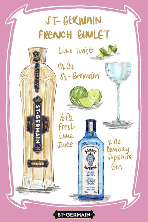 French Gimlet, St Germain Cocktail, Gimlet Recipe, Drink Recipies, Bombay Sapphire Gin, Food Guilt, Gin Cocktail Recipes, Bombay Sapphire, Yummy Alcoholic Drinks