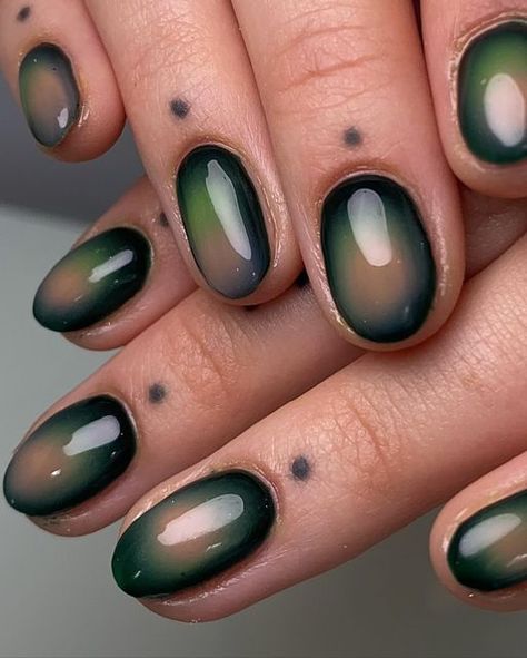 Abbi on Instagram: "🍵When your client delivers with the nailfies 🍵 They be looking like delicious little galaxy sweets  I will never tire of an airbrush set they’re just 😙🤌🏼  #auranails #aura #shortnailsclub #greennails #earthytones" Green Hair Tips, Aura Nails Designs, Green Aura Nails, Nails Moodboard, Euphoria Nails, Aura Nails, Wood Nails, Airbrush Nails, Bright Rainbow