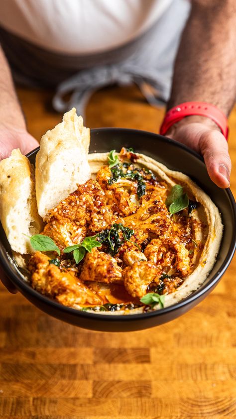 Andrew Bernard (@thenarddogcooks) • Instagram photos and videos Herb Oil Recipe, Andrew Bernard, Bread Naan, Cauliflower Hummus, Hummus Bowl, Oven Roasted Cauliflower, Herb Oil, Hummus Recipe Homemade, Oven Vegetables