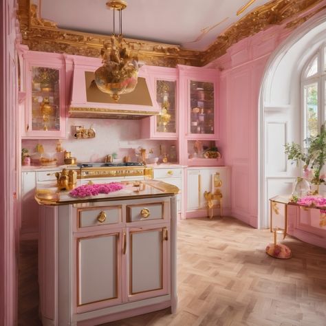 Pink And Gold Kitchen, Maximalist Kitchen Design, High End Kitchen Design, Pink Kitchen Designs, Pink Kitchen Ideas, Retro Pink Kitchens, Maximalist Kitchen, Pink Kitchens, Pink Cabinets