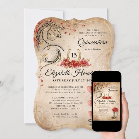 Red and Gold Rustic Ranchera Mexican Quinceanera Invitation  Zazzle Horse Themed Party, Rose Gold Quinceanera, Horse Birthday Invitations, Equestrian Wedding, Jade Wedding, Butterfly Invitations, Green Princess, Horse Birthday, Sweet 16 Birthday Party