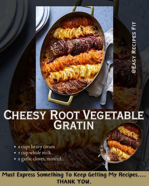 This Cheesy Root Vegetable Gratin is creamy, cheesy, and packed with seasonal veggies. A must-try for fall! 🍂🧀 👇 Get the full recipe below 👇 Ingredients: 2 cups heavy cream 1 cup whole milk 2 garlic cloves, minced 1 tablespoon fresh thyme, chopped 1 tablespoon fresh rosemary, chopped 1 teaspoon salt 1/2 teaspoon black pepper 1 pound russet potatoes, peeled and thinly sliced 1/2 pound sweet potatoes, peeled and thinly sliced 1/2 pound parsnips, peeled and thinly sliced 1/2 pound carrots, peel... Root Vegetable Gratin, Vegetable Gratin, Seasonal Veggies, Root Vegetable, Russet Potatoes, Root Vegetables, Fresh Thyme, Fresh Rosemary, Parsnips