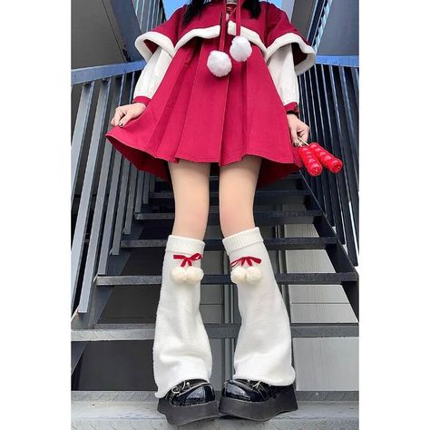 Material: Polyester knit cotton Color: White with RED ribbons, White with PINK ribbons, White with BLUE ribbons Christmas Leg Warmers, Red And White Outfit, Velvet Christmas Dress, Red And White Outfits, Japanese Fashion Kawaii, Richard Quinn, Kawaii Fashion Outfits, Red Outfit, Pink Outfits