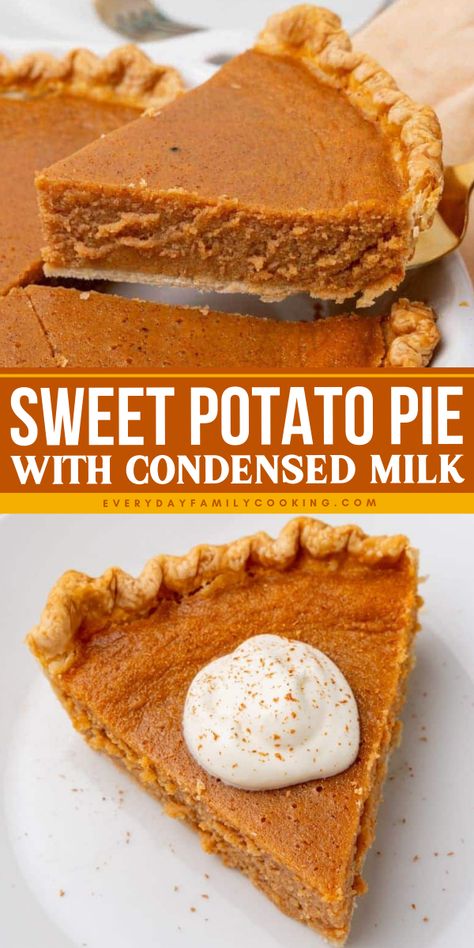 Impress your guests with a smooth, flavorful, old-fashioned sweet potato pie at your Thanksgiving dinner party! This easy sweet potato pie with condensed milk is a standout among easy Thanksgiving desserts. You gotta learn how to make this treat! Sweet Potato Pie With Lemon Juice, Sweet Potato Pie With Canned Yams, Sweet Potato Casserole Using Sweetened Condensed Milk, Buttermilk Sweet Potato Pie, Baked Sweet Potato Fillings, Sweet Potato Pie With Condensed Milk, Old Fashioned Sweet Potato Pie, Sweet Potato Cobbler Old Fashioned, Canned Sweet Potato Pie