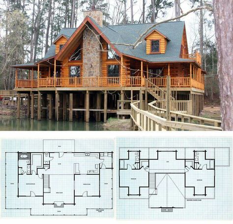 Fireplace Cabin Wrap Around Porch, Cabin With Wrap Around Porch, House With Wrap Around Porch, Log Home Kitchens, Log Cabin Living, Rustic House Plans, Water House, Cabin Floor Plans, Dream Life House