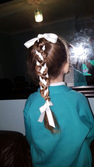 Ribbon Plaited Into Hair, Ponytail Braid With Ribbon, Plaits With Ribbon, Braids With Ribbon Bows, Hair Styles With Ribbon Braided, Ribbon In Hair Braid, Ribbon Braid Hairstyle, Braids With Ribbons In Them, Braids With Ribbon