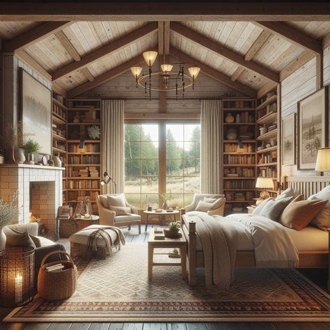 The cottage-style aesthetic should incorporate vintage charm and rusticity. Additional design elements could include a stone or brick fireplace, large windows that fill the room with natural light, exposed wooden ceiling beams, and built-in bookshelves filled with various books. This image is intended to serve as inspiration for a remodel, so details are important. Cabin Reading Nook, Reading Nook Ideas, Modern Tudor, Nook Ideas, Cabin Style, Cozy Cabin, Cabin Decor, Reading Nook, Rustic Charm