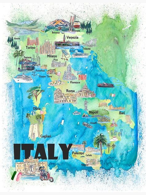 "Italy Illustrated Travel Poster Favorite Map Tourist Highlights" Poster by artshop77 | Redbubble Map Of Italy, Map Canvas Art, La Art, Italy Map, Watercolor Map, Map Canvas, Illustrated Map, Trieste, Travel Maps