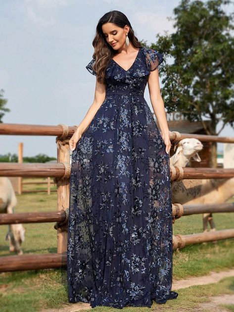 Women's V-Neck Glitter Embroidery Mesh Evening Party Dress | SHEIN USA Blue Floral Mother Of The Bride Dress, Navy Blue Mother Of The Bride Dress, Elegant Party Dress, Evening Dress Long, Luxury Floor, Sleeve Embroidery, Cocktail Dress Prom, Groom Dresses, Elegant Party Dresses