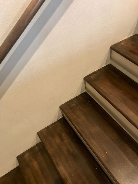 How to Paint Stairs to Look Like Wood - The Blue Door & More Paint Stairs To Look Like Wood, Staining Wood Stairs, Brown Painted Stairs, Painting Over Stained Wood, Paint Stairs, Brown Grey Paint, Mindful Gray Sherwin Williams, Faux Wood Paint, Stairs Colours