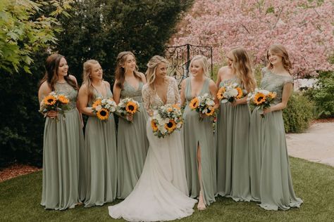 Sunflower Sage Green Wedding, Sage Green And Sunflower Wedding Theme, Wedding Color Schemes Sunflowers, Sage Green And Sunflower Wedding, Light Green Bridesmaid Dresses, Yellow Wedding Colors, Olive Green Bridesmaid Dresses, Yellow Wedding Theme, Wedding Flowers Sunflowers