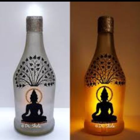 Buddha Silhouette, Beer Bottle Art, Bottle Art Projects, Plastic Bottles Crafts, Buddha Wall Decor, Painting Glass Jars, Hand Painted Bottles, Glass Painting Designs, Diy Glass Bottle Crafts