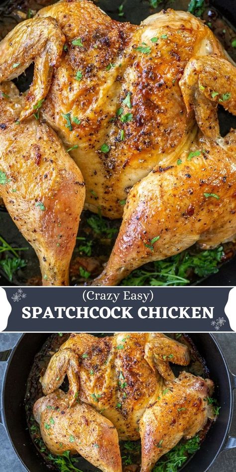 This recipe for spatchcock chicken gets a tender, juicy oven-roasted bird on the table in less than an hour’s time. Faster than roasting a whole bird and just as delicious! Best Whole Chicken Recipe, Whole Chicken Recipes Oven, Baked Whole Chicken Recipes, Whole Baked Chicken, Cooking Whole Chicken, Spatchcock Chicken, Oven Chicken Recipes, Whole Chicken Recipes, Spicy Chicken Recipes