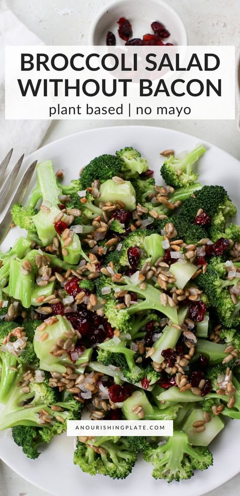 Broccoli salad without bacon is a crisp, fresh, and subtly sweet vegetable salad with a tangy dressing. Not only is this an easy side dish, but it utilizes the whole vegetable, including the stems. Whole 30 Broccoli Salad, Raw Broccoli Recipes, Broccoli Salad Without Bacon, Dairy Free Recipes For Lunch, Raw Broccoli Salad, Healthy Broccoli Salad, Broccoli Cauliflower Salad, Raw Broccoli, Easy Side Dish