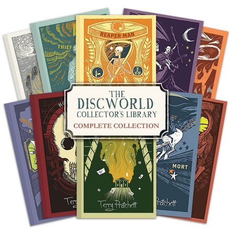 The Discworld Collector's Library | Book Collection | Terry Pratchett Monstrous Regiment, Discworld Books, Wyrd Sisters, Terry Pratchett Books, The Colour Of Magic, Terry Pratchett Discworld, Stylish Artwork, Terry Pratchett, Color Magic