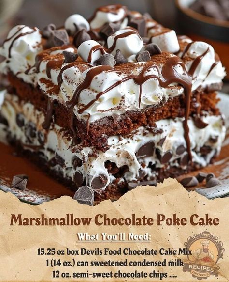 Easy Home Recipes | Marshmallow Chocolate Poke Cake | Facebook Marshmallow Chocolate Poke Cake, Chocolate Marshmallow Cake, Poke Cake Jello, Loaf Pan Cake, Marshmallow Chocolate, Easy Home Recipes, Chocolate Poke Cake, Poke Cake Recipes, Layered Desserts