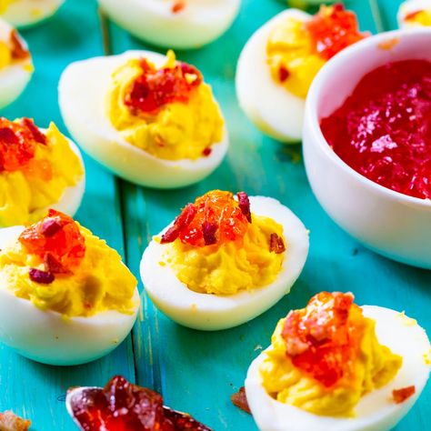 Red Pepper Jelly Deviled Eggs with Bacon Deviled Eggs With Bacon, Eggs With Bacon, Thanksgiving Deviled Eggs, Fake Ginger, Devilled Eggs Recipe Best, Red Pepper Jelly, Deviled Eggs Recipe Classic, Devilled Eggs, Best Deviled Eggs