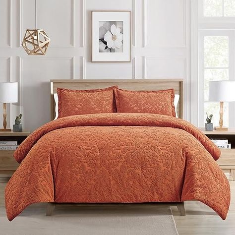 Amazon.com: Sunshine Nicole Velvet Jacquard Comforter Set, Velvet Jacquard Face and Brushed Solid Microfiber Reverse, with Light Weight Soft Poly Fill, 3 Pieces Terracotta, King : Home & Kitchen Orange Accents Bedroom, Coral Bedroom, Gold Sheets, Bed Comforter Sets, Bedroom Accent, King Comforter Sets, Queen Comforter Sets, Queen Comforter, Pink Room