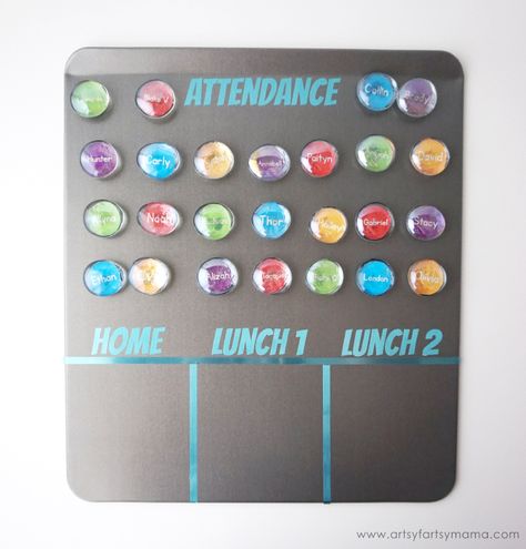 DIY Magnetic Classroom Attendance & Lunch Count Board | artsy-fartsy mama Classroom Attendance Chart, Attendance Board Ideas, Attendance Board, Lunch Count, Diy Magnet Board, Classroom Attendance, Teacher Lunches, Attendance Chart, Kindergarten Lunch