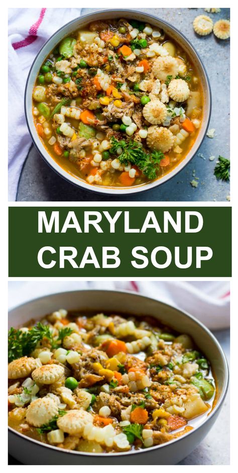 The best crab soup! Made with hearty veggies, fresh crab meat, and Old Bay seasoning. This Maryland favorite gets rave reviews! #crabsoup #marylandcrabsoup #souprecipes #crabrecipes Maryland Crab Soup Recipe, Crab Soup Recipe, Maryland Crab Soup, Crab Soup Recipes, Mix Salad, Seafood Mix, Maryland Crabs, Canning Whole Tomatoes, Crab Soup