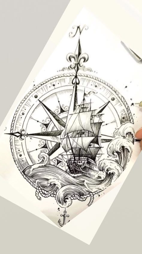 Pirate Compass Tattoo, Sea Tattoo Sleeve, Nautical Compass Tattoo, Pirate Ship Tattoos, Pirate Ship Tattoo, Wing Tattoo Men, Japanese Dragon Tattoo, Compass Tattoo Design, Boat Drawing