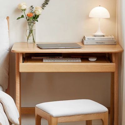 Introducing our sleek and multipurpose small-space desk, designed with simplicity and functionality in mind. Perfect for reading, makeup, or even as a computer desk, it meets all your basic needs with ease. Crafted from solid red oak, it offers a natural and warm touch, along with durability and beauty. Features include a double-tiered design for extra workspace, strong ladder-style legs for stability. With rounded edges and ample legroom, it's both comfortable and practical. Embrace simplicity Lift Up Desk, Room Decor Bedroom Desk, Small Space Bedroom Storage, Japandi Bedroom With Desk, Desk Nightstand Combo, Bedroom Desk Small, Small Writing Desk In Bedroom, Bedroom Desks For Small Rooms, Vanity Small Room