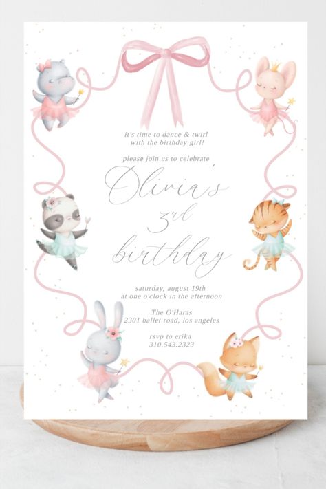 Ballerina Birthday invitation with light pink bow and watercolor animals with tutus. Ballerina Birthday Invitation, Ballet Birthday invitation, Pink tutu ballerina Invitation, Birthday Invitation, Ballerina themed party, tutu Ballet Birthday Invitations, Ballerina Birthday Card, Ballerina Invitation Template, Ballerina Party Theme, Ballerina Invitations, Birthday Invitation Pink, Ballet Birthday, Ballerina Birthday Parties, Ballerina Party