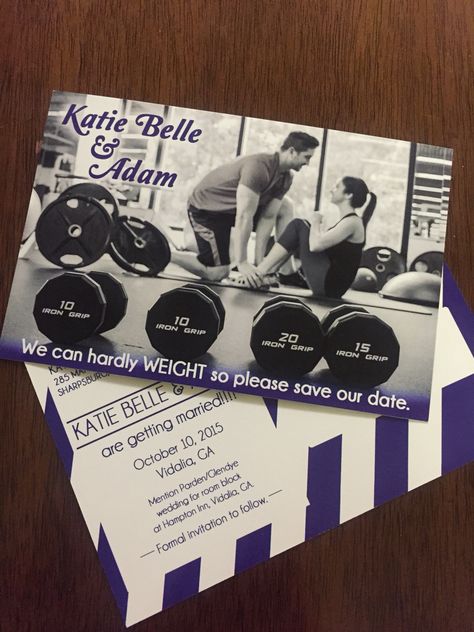 save the date, gym, fitness, wedding, weights Workout Wedding Theme, Gym Theme Wedding, Hamptons Invitation, Crossfit Wedding, Advice Jar, Couple Life, Wedding Checklists, Fitness Shirts, Wedding Photography Ideas