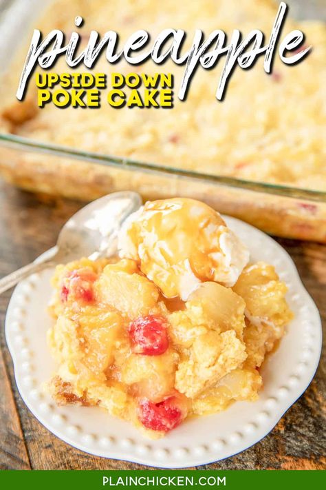 Pineapple Upside Down Dump Cake - so easy! Only 5 ingredients - pineapple, cherries, brown sugar, cake mix, and butter. Simply dump everything in the cake pan and bake! No dirty dishes! Serve warm or at room temperature with ice cream. Great for a crowd! We love this at potlucks, summer cookouts, Thanksgiving, Christmas, and Easter! Pineapple Upside Down Dump Cake, Brown Sugar Cake, Pineapple Dump Cake, Popular Desserts Recipes, Apple Dump Cakes, Dump Meals, Plain Chicken, Spring Desserts, Popular Desserts