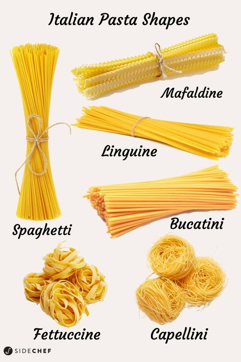 Do you know your farfalle from your fiori? Your spaghetti from your tagliatelle? We are here to clear everything up for you. We'll explain 50 different types of Italian pasta and show you what dishes and sauces go perfectly with them. So you never make any fusilli mistakes ever again. Baked Pasta Dishes, Pasta Types, Egg Pasta, Homemade Gnocchi, Pasta Dough, Spaghetti Pasta, Gnocchi Recipes, Perfect Pasta, Stuffed Pasta Shells