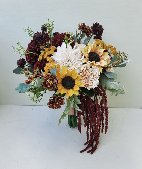 Sunflower and dahlia wedding bouquet in burgundy and yellow | Etsy Homecoming Accessories, Sunflower Boutonniere, Dahlia Wedding Bouquets, Fall Groom, Dahlia Wedding, Dahlias Wedding, Sunflowers And Roses, Cascading Bridal Bouquets, Sunflower Themed Wedding