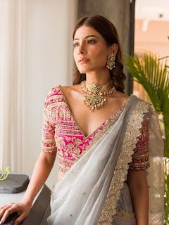 Lehenga With Silk Saree, Sari Trends 2023, Jewellery For Designer Saree, Jewellery On Fancy Sarees, Engagement Saree Bride, Blouses For Sarees Ideas, Trending Saree Blouse Designs 2023, Indian Designer Blouses, Blouse Designs For Reception Sarees