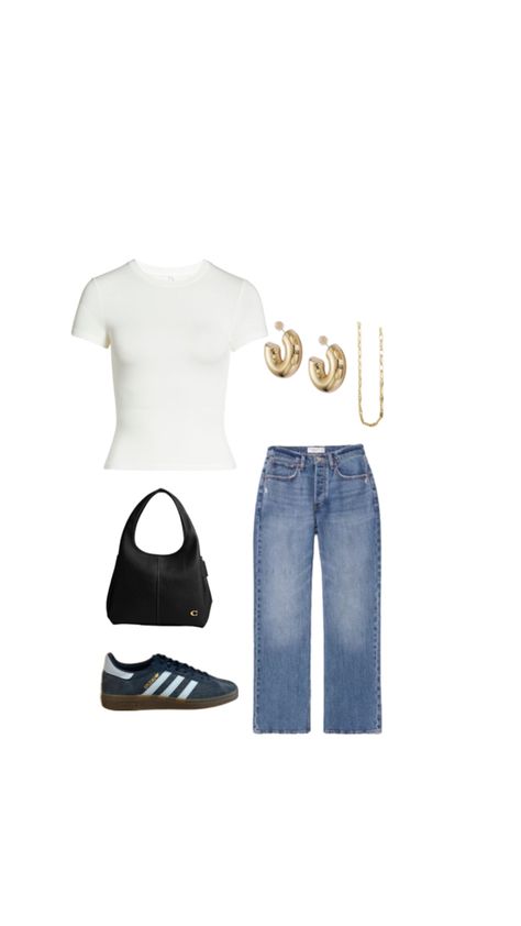 Super cute, basic casual outfit it girl style women’s streetwear style Adidas Sambas gold jewelry, outfit, spring, and summer outfit white tee outfit that girl outfit Gold Jewelry Outfit, White Tee Outfit, It Girl Style, Adidas Sambas, Outfit White, Streetwear Style, Jewelry Outfit, Tee Outfit, It Girl