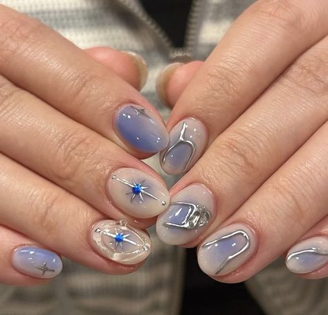 Cool Tone Nails, Japanese Nails Short, Blue Nail Designs Short, Short Blue Nail Designs, Gel X Manicure, Nail Y2k, Mens Nails, Hello Nails, Hippie Nails