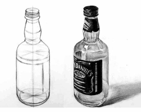 Wine Glass Sketch Drawings, Glass Bottles Drawing, Bottle Sketch Pencil Drawings, How To Draw Glass Bottles, Bottle Still Life Drawing, How To Draw A Bottle, Glass Bottle Drawing, Bottle Sketch, Piskel Art