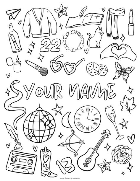 Custom SWIFTIE Coloring Page – The Letter Vee Things To Color In, Taylor Swift Sketch, Preppy Coloring Pages, Taylor Swift Coloring Pages, Fun Coloring Pages For Kids, Swiftie Party, Folder Ideas, Drawing Tut, Fun Coloring Pages