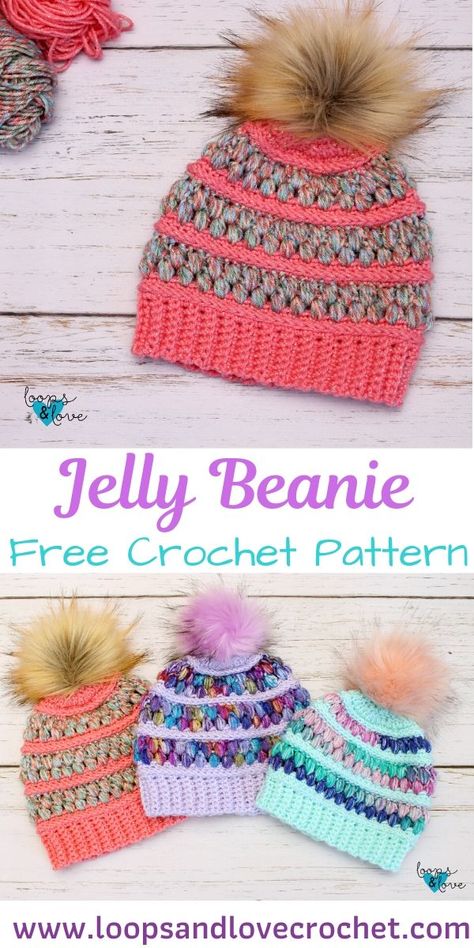 Jelly Beanie - Free Crochet Pattern Loops & Love Crochet Crochet Beanie Ears, Virgo Witch, Crochet Headwear, Crocheted Clothes, Crocheting Projects, Bun Beanie, Crocheted Hats, Crochet Hat Free, Crochet Knit Hat