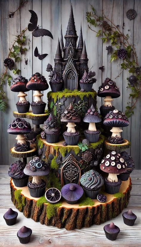 D&d Cupcakes, Goth Fairy House, Beautiful Chocolate Cake Design, Witch Wedding Cake, Themed Cupcakes Ideas, Gothic Cupcakes, Goth Cakes, Witch Cupcakes, Daisy Cupcakes