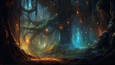 Aesthetic Essence-Wallpapers & Backdrops Fantasy Bioluminescent Forest, Fantasy Forest Wallpaper Desktop, Forest Aesthetic Art, Fantasy Background Desktop, Fantasy Desktop Wallpaper, Mystical Forest Art, Bioluminescent Forest, Fantasy Forest Art, Environment Moodboard