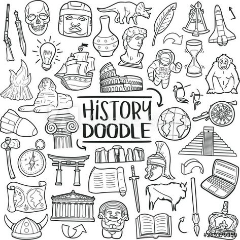 Stock Image: History of Humanity Subject. Traditional Doodle Icons. Sketch Hand Made Design Vector Art. History Notebook Cover, History Kpop, History Lettering, History Notebook, History Logo, History Instagram, Historical Drawings, History Wallpaper, History Aesthetic