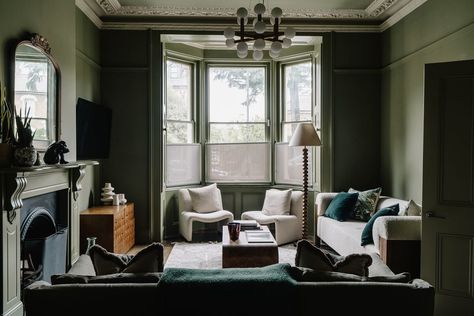 Bespoke Kitchen Cabinets, Colorful Walls, Landscaped Garden, Green Living Room, Dark Blue Walls, Victorian Townhouse, Airy Room, Victorian Home, Exposed Brick Walls