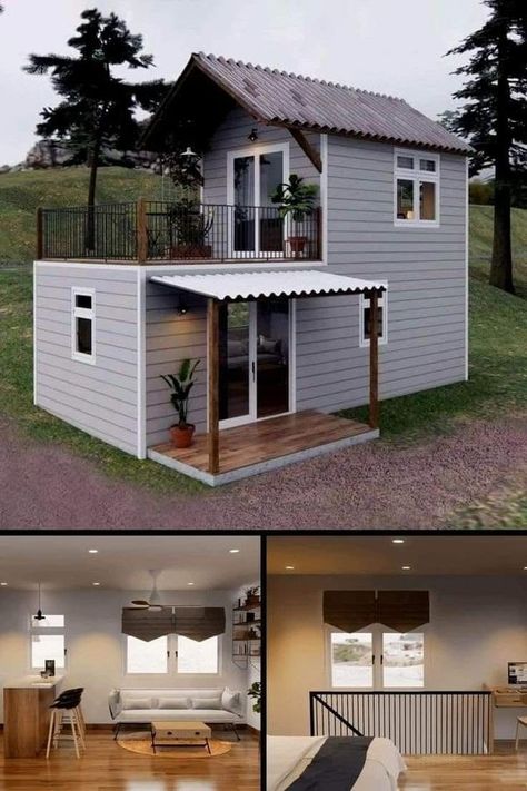 Tall Tiny House Plans, 4 Person Tiny House, Tiny Two Story House Plans, Two Floor Tiny House, Tiny House Two Story, Small Vacation Homes, Tiny Home Stairs, Mini Houses Tiny Homes, Mini Modern House